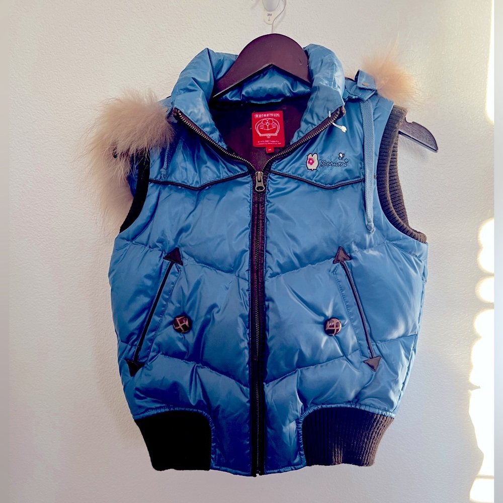 Rare! Doraemon Silky Puffer Vest with removable Faux Fur Hood Outdoor Snow Wear